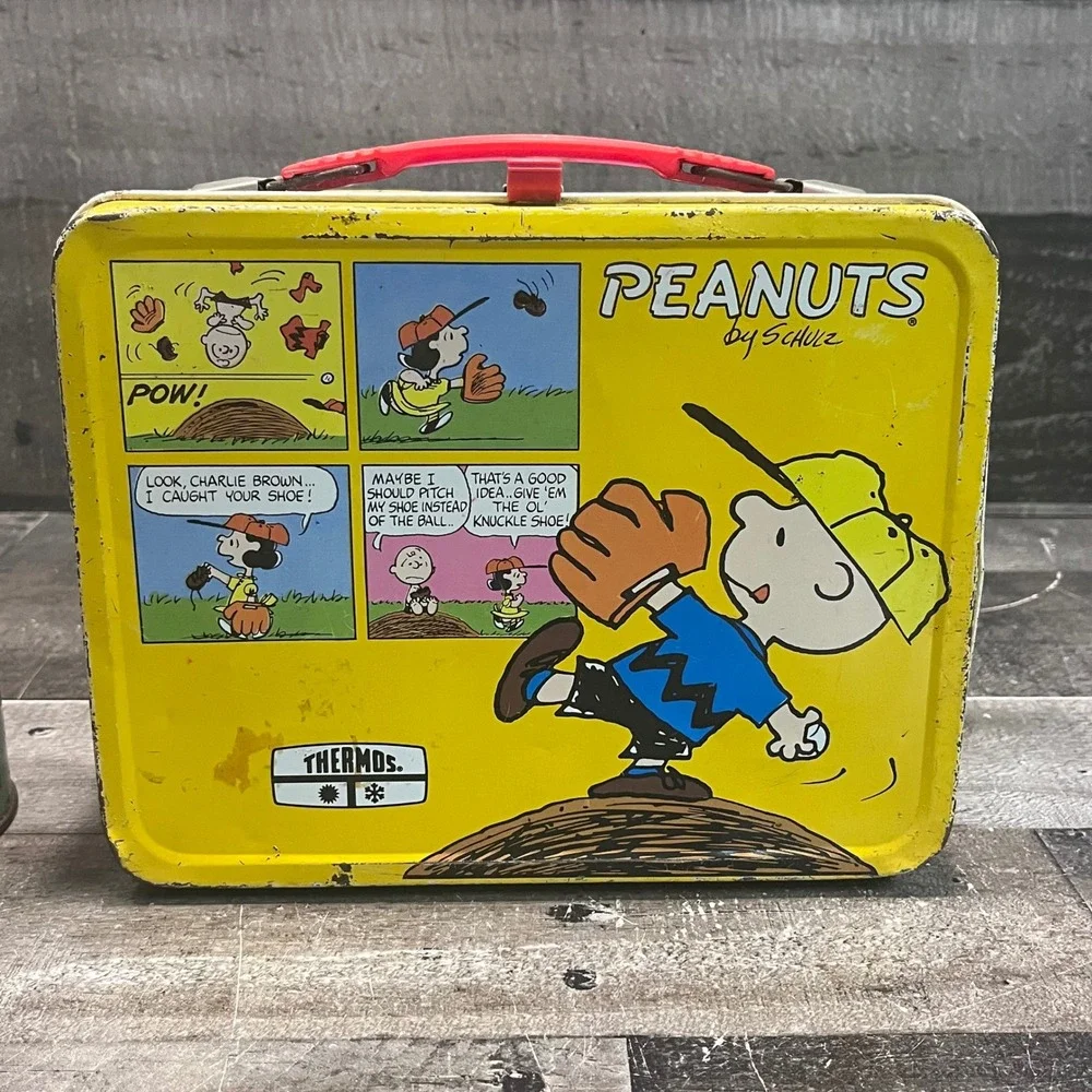 Vintage Peanuts Thermos Metal Lunch Box & Thermos Set Charlie Brown Snoopy 1970s